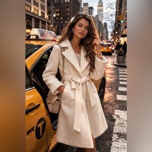 Marvin Richards Cream Wool Blend Boucle Coat with Belt size L pristine condition
